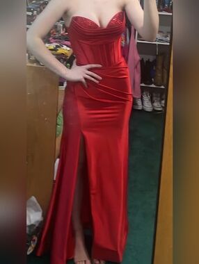 Red Satin Strapless Corset Style Evening Gown - Elegant Floor-Length Prom Dress